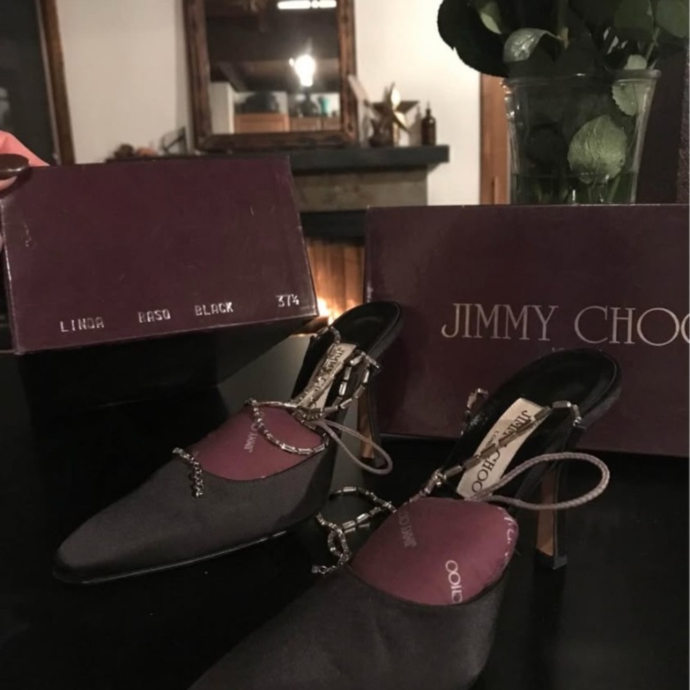Jimmy Choo Black Satin Heel & Clutch Set w/ Crystal Detail